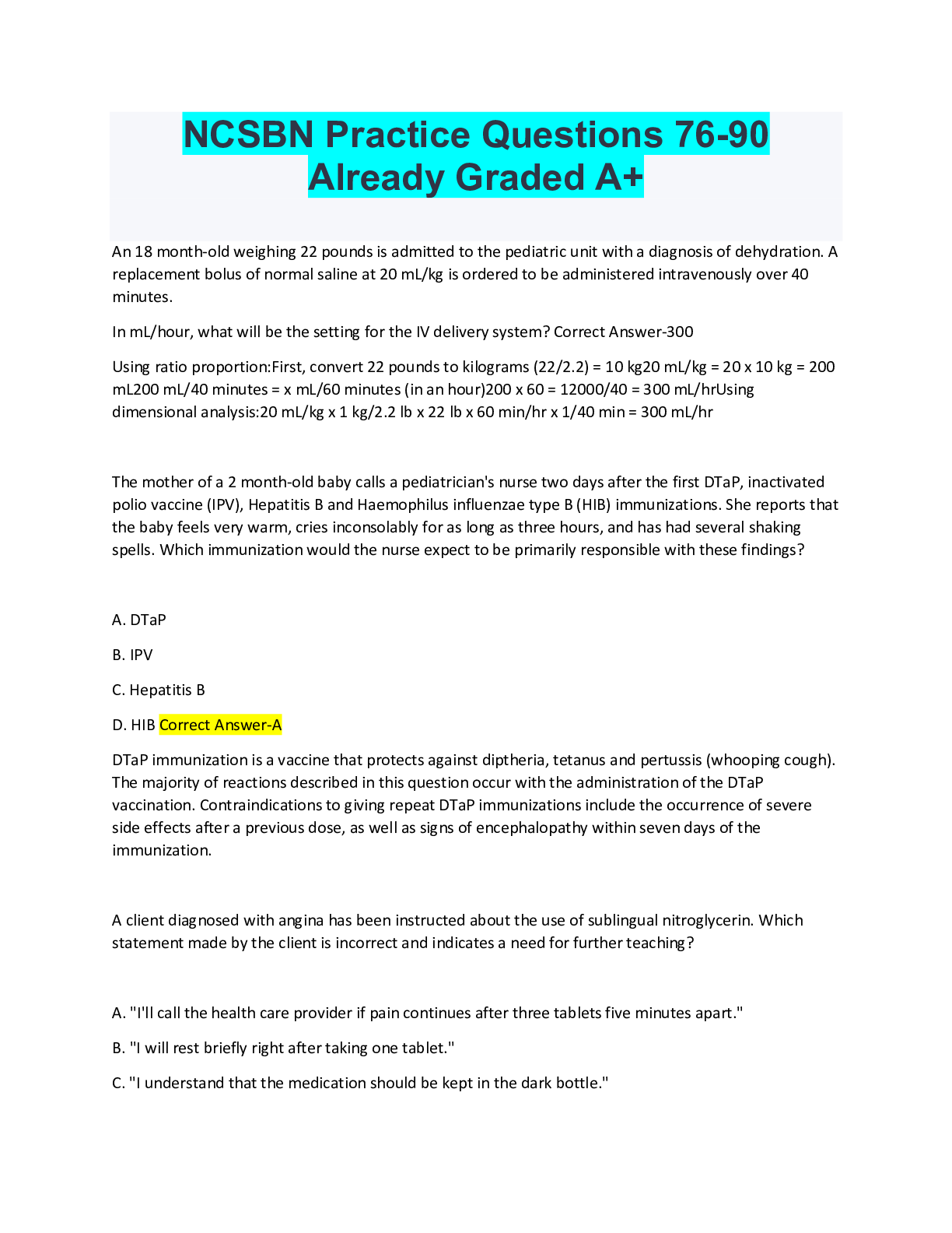 Preview image for NCSBN Practice Questions 76-90 Already Graded A+